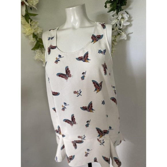 Loft Women’s‎ White Tank Top Blouse Shell Butterflies Light Weight M Ruffled Hem - Picture 8 of 12